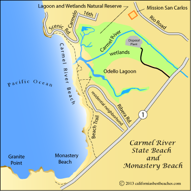 Carmel River State Beach map and Monastery Beach map, Monterey County, CA