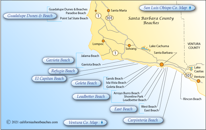 Map of beaches in Santa Barbara County, CA